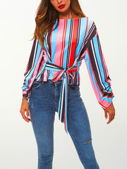 Fashion Round Neck Stripe Bow-Knot Long Sleeve T-Shirts