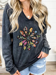 V Neck Floral Casual Sweatshirt