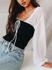 Two-piece V Neck Chic Long Sleeve Woman Blouse Tops