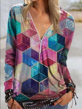Geometric Rubik's Cube Printed V-Neck Zip Shirt Long Sleeve T-shirts