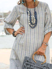 Light Gray Stripes Paneled Long Sleeve Crew Neck Dresses