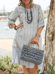 Light Gray Stripes Paneled Long Sleeve Crew Neck Dresses