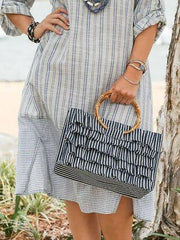 Light Gray Stripes Paneled Long Sleeve Crew Neck Dresses