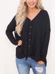 V Neck Button Tie Autumn Long Sleeve Sweater