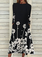 Floral-Print Crew Neck Long Sleeve Casual Dresses