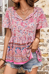 Bohemian Decorative Button Tie-Neck Peplum Blouse
