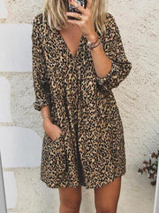 Leopard Leopard Print 3/4 Sleeve V Neck Dresses
