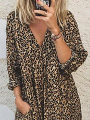 Leopard Leopard Print 3/4 Sleeve V Neck Dresses