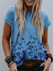 Khaki Simple Round Neck Printed Cotton-Blend Shirts & Tops