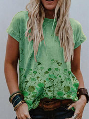 Khaki Simple Round Neck Printed Cotton-Blend Shirts & Tops
