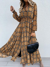 Grid Printed Long Sleeve Waist Slit Maxi Dresses