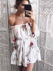 Floral Off-the-shoulder Three Quarter Sleeve Mini Dress