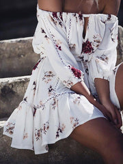 Floral Off-the-shoulder Three Quarter Sleeve Mini Dress