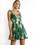 Green Lace-up V-back Printed Mini Dress