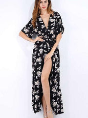 V neck Floral Short sleeve Maxi Dresses