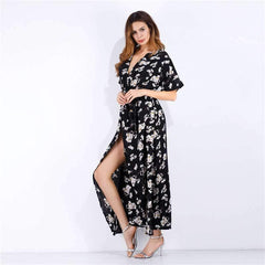 V neck Floral Short sleeve Maxi Dresses