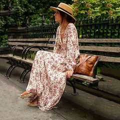 Stylish Floral print V neck Long sleeve Maxi Dresses