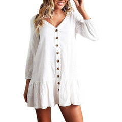 V Neck Single Breasted Plain Long Sleeve Casual Dresses