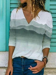Landscape gradient print ladies long-sleeved slim T-shirt tops