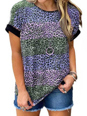 Leopard print round neck short sleeve T-shirts women top