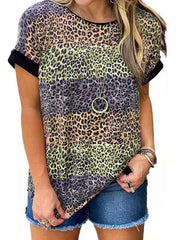 Leopard print round neck short sleeve T-shirts women top