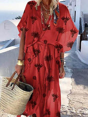 Leave printed women short sleeve maxi dresses