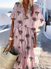 Leave printed women short sleeve maxi dresses