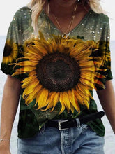 Landscape floral print v-neck short-sleeved T-shirts