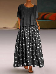 Two-piece round neck and short sleeves polka dot maxi dresses