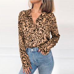 Turn Down Collar Single Breasted Leopard Blouses