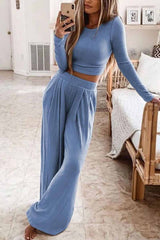 Two-Piece Round Neck Solid Color Long Sleeves Wide Legs