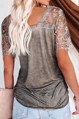 Florcoo New Women's Lace Short Sleeve V-Neck Tops T-shirts