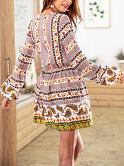 Flory National Ethnic Woman Chiffon V Neck Autumn Fashion Woman Skater Dress