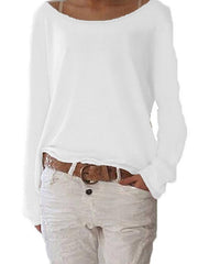 Long sleeve plain loose with irregular hem round neck T-shirt