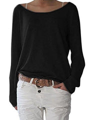 Long sleeve plain loose with irregular hem round neck T-shirt
