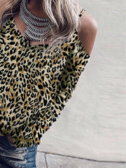 V Neck Cutout Leopard Print Off Shoulder T-Shirts