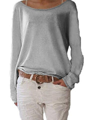 Long sleeve plain loose with irregular hem round neck T-shirt
