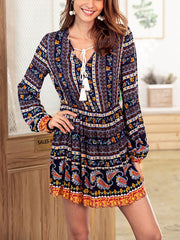 Flory National Ethnic Woman Chiffon V Neck Autumn Fashion Woman Skater Dress