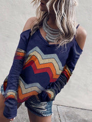 V Neck Cutout Fashion Print Off Shoulder T-Shirts