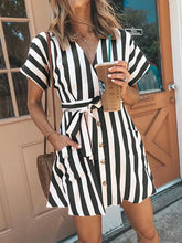 Fashion Stripe Short Sleeve V Neck Casual Skater Mini Dress