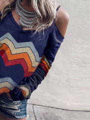 V Neck Cutout Fashion Print Off Shoulder T-Shirts