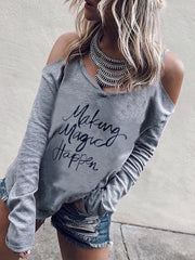 V Neck Cutout Letter Print Off Shoulder T-Shirts