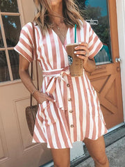 Fashion Stripe Short Sleeve V Neck Casual Skater Mini Dress