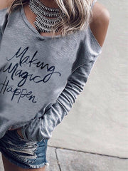 V Neck Cutout Letter Print Off Shoulder T-Shirts