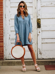 Hot style lantern sleeves denim shift dress