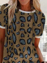 Leopard-Print Casual Cotton-Blend Short Sleeve T-shirts