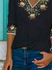 Floral Half Sleeve Printed Cotton-blend V neck Vintage Summer Black Top