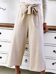 Summer plain loose belted casual wide leg woman pants