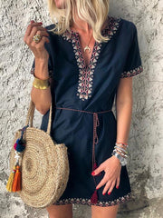 Loose Bohemia Women Fashion V neck Short Sleeve Shift Dresses