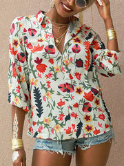 Flower printed women turn down neck long sleeve blouses